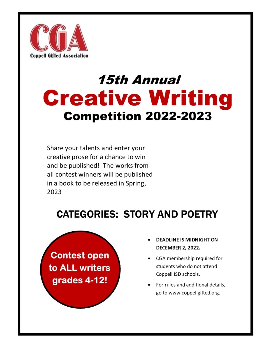 20222023 Creative Writing Competition Coppell Gifted Association